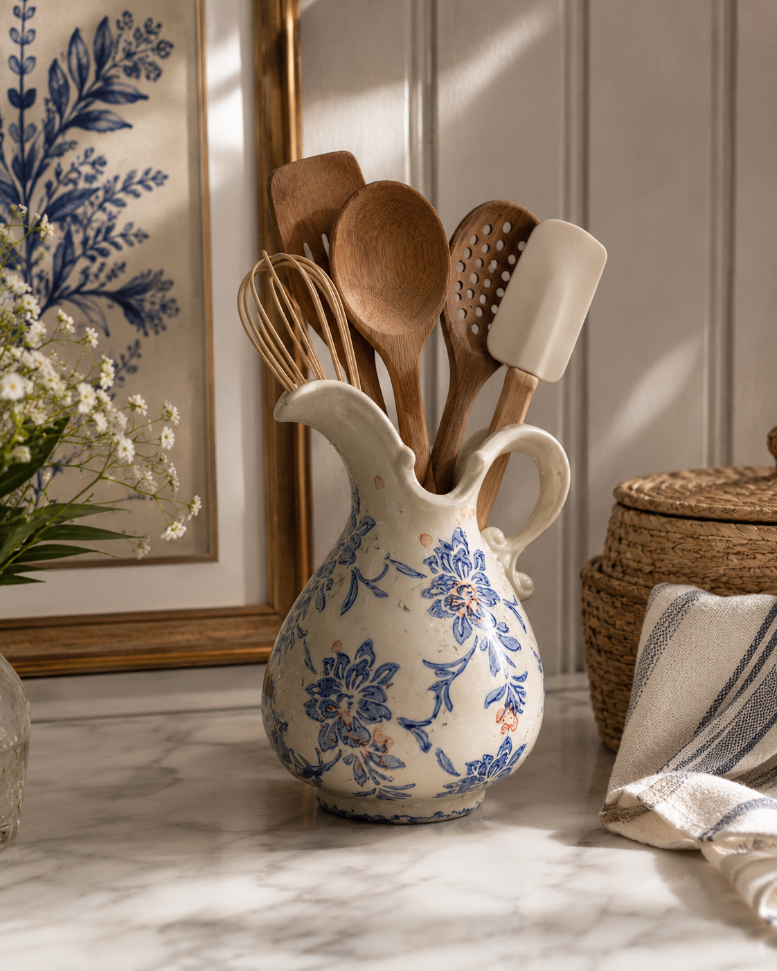 Vintage Blue Floral Ceramic Decor Jug