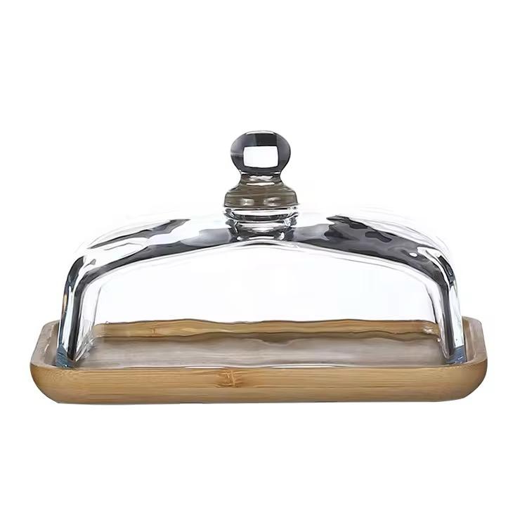 Petite Dessert Display Cloche-Glass Dome with Wooden Tray