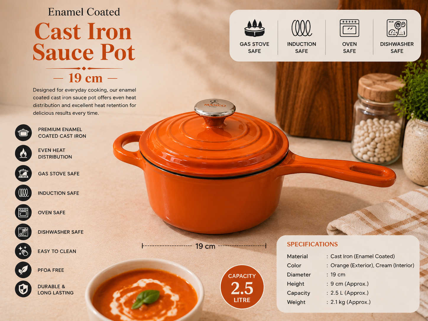 Enamel coated Cast iron Sauce pot - 19cm