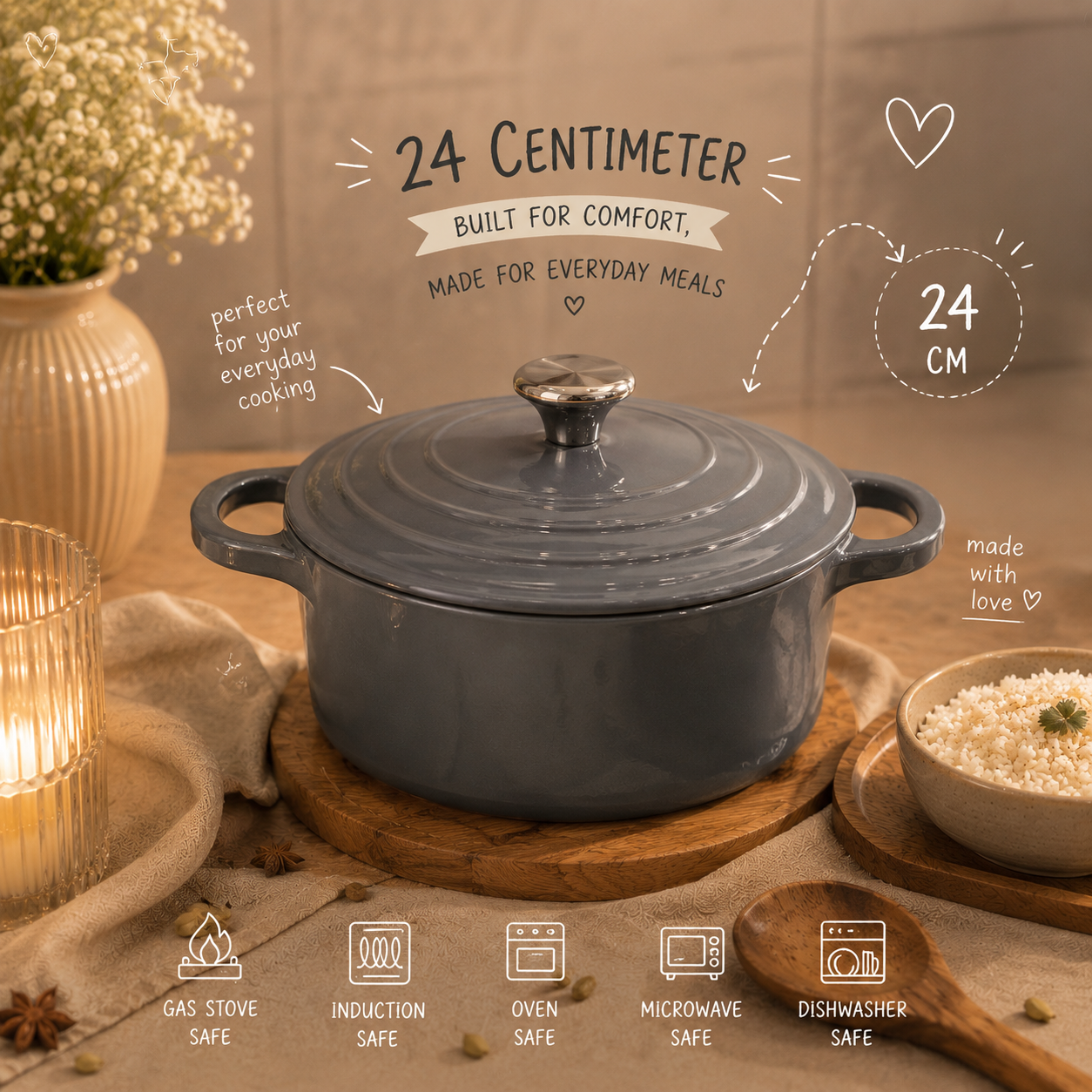 24 CM Enamel Coated Cast Iron Cookware | Approx. 4.5–5.5 Liters
