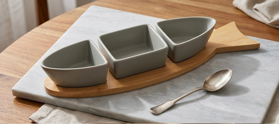 Fish-Shaped Ceramic & Bamboo Serving Set