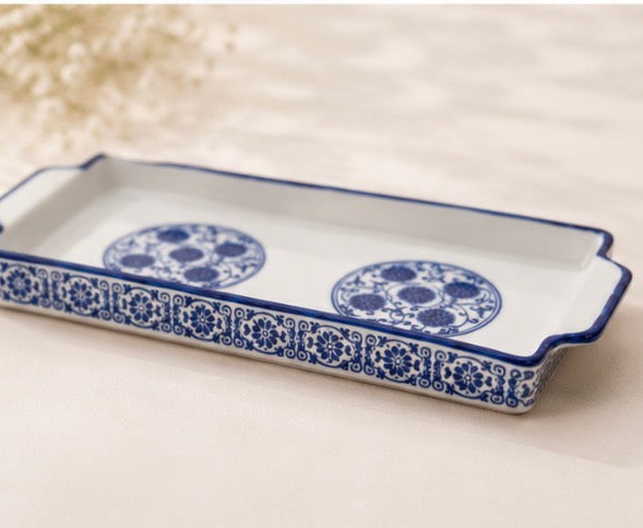 Azure Bloom Ceramic Serving Tray