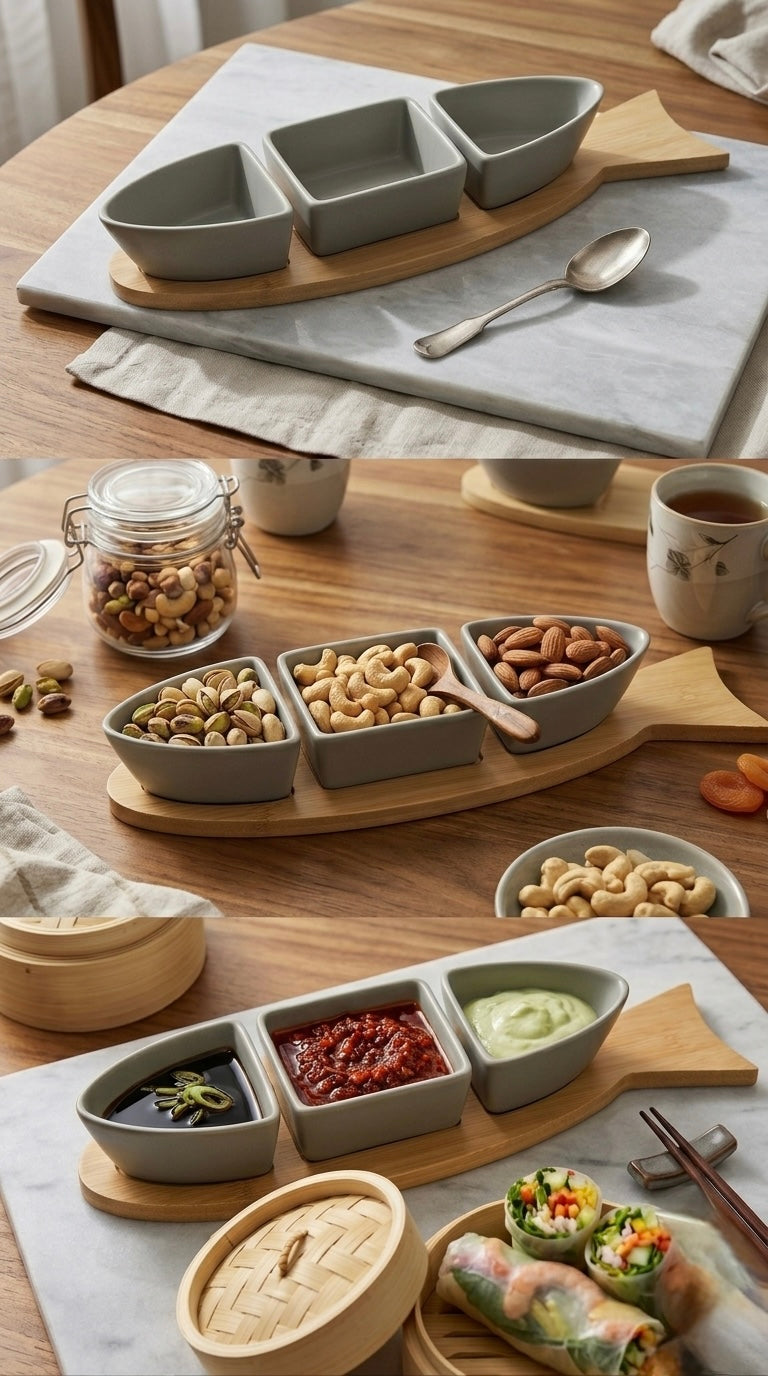 Fish-Shaped Ceramic & Bamboo Serving Set