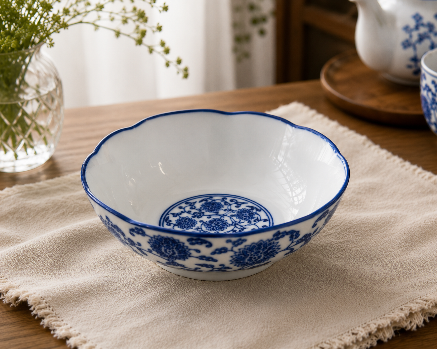 Petal Rim Blue Floral Porcelain Bowl – 15 cm