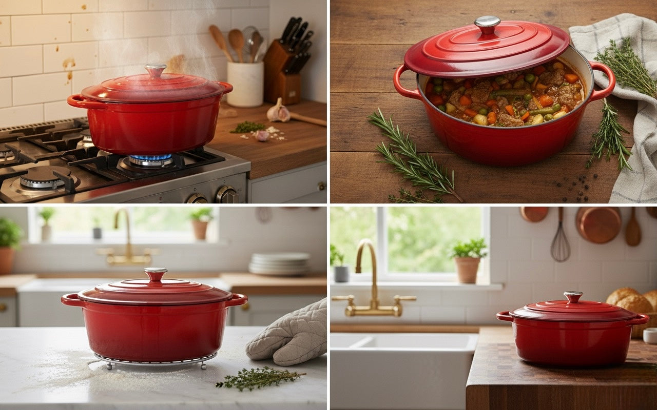 Oval Enamelled Cast Iron Dutch Oven – 24 cm (Red | White)