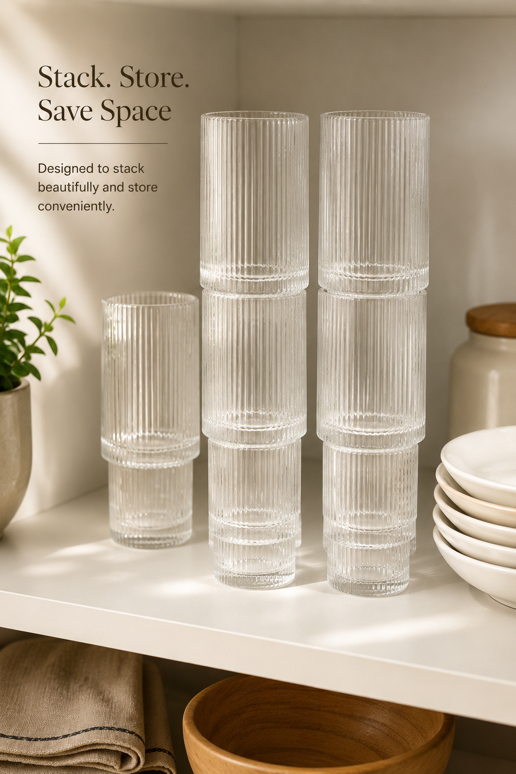 Ribbed Stackable 300ml Glasses – Set of 6