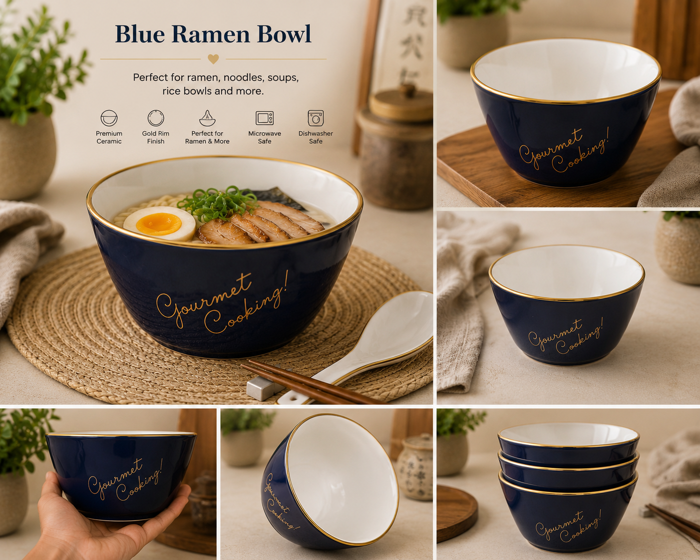 Blue Ramen Bowl with Gold details