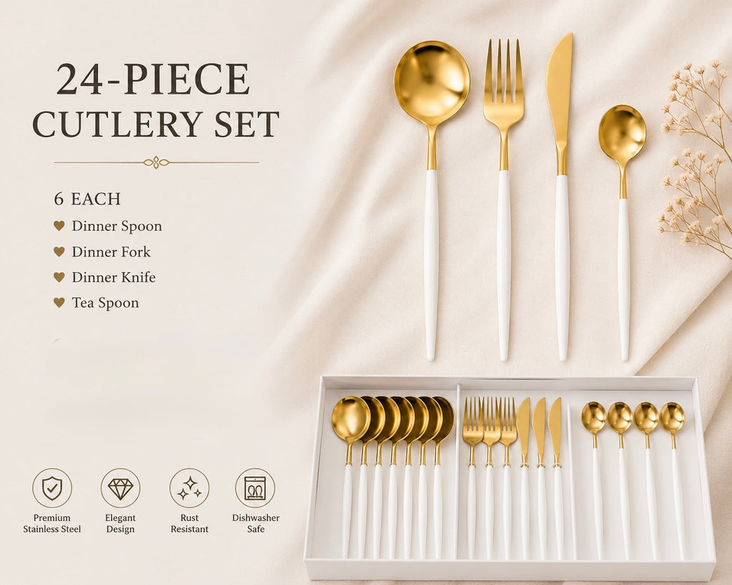 Luxury Gold Cutlery Set – 24 Pieces | Blush Pink & Jet Black