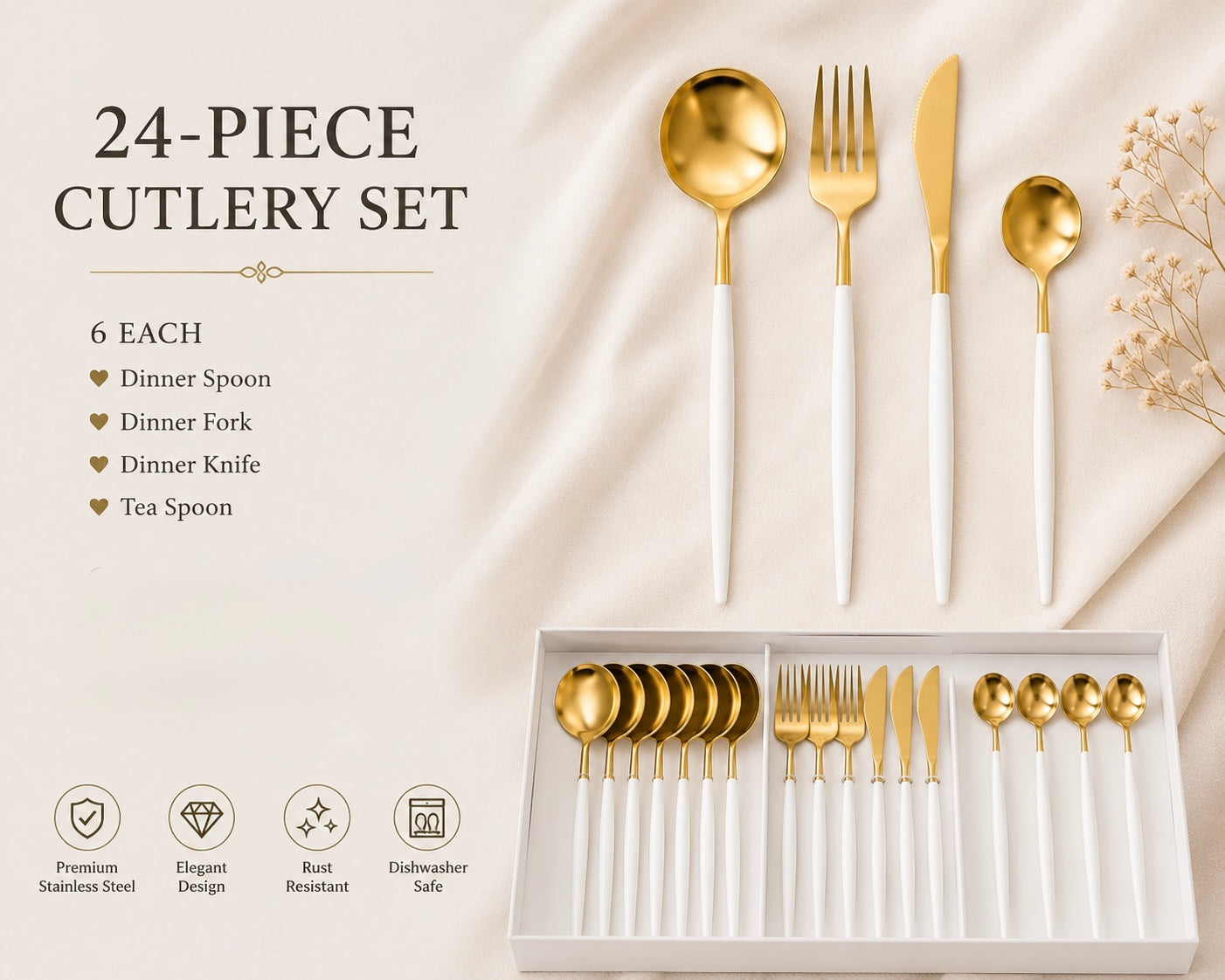 Luxury Gold Cutlery Set – 24 Pieces | Blush Pink & Jet Black