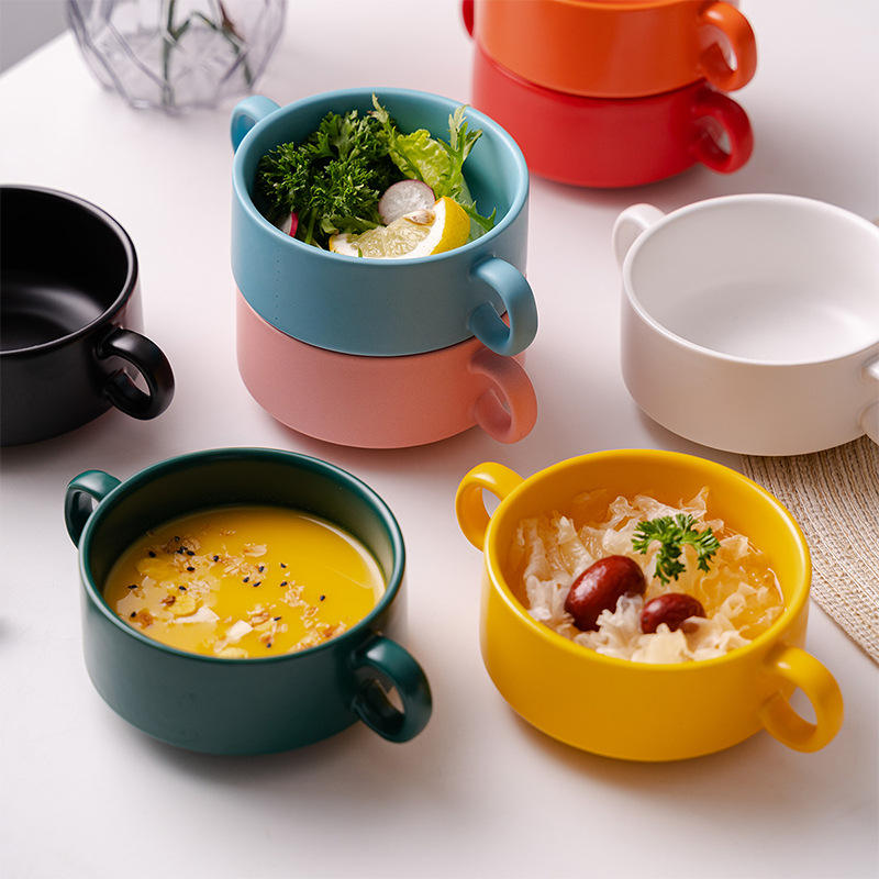 🍲 Dual Handle Porcelain Bowl – 300ml | White, Light Blue, Green