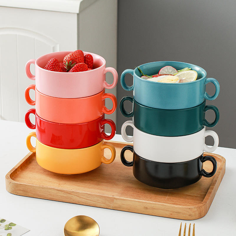 🍲 Dual Handle Porcelain Bowl – 300ml | White, Light Blue, Green