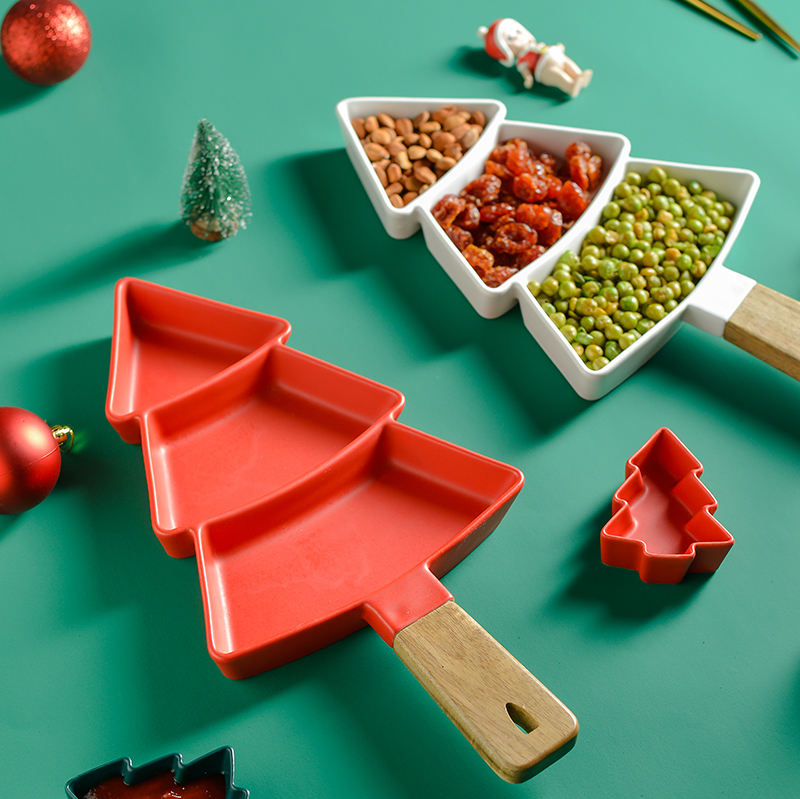 Tree-Shaped Ceramic Platter with Wooden Handle – Red or Green