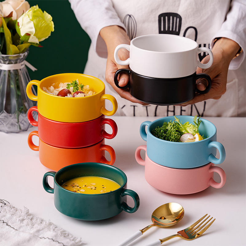 🍲 Dual Handle Porcelain Bowl – 300ml | White, Light Blue, Green