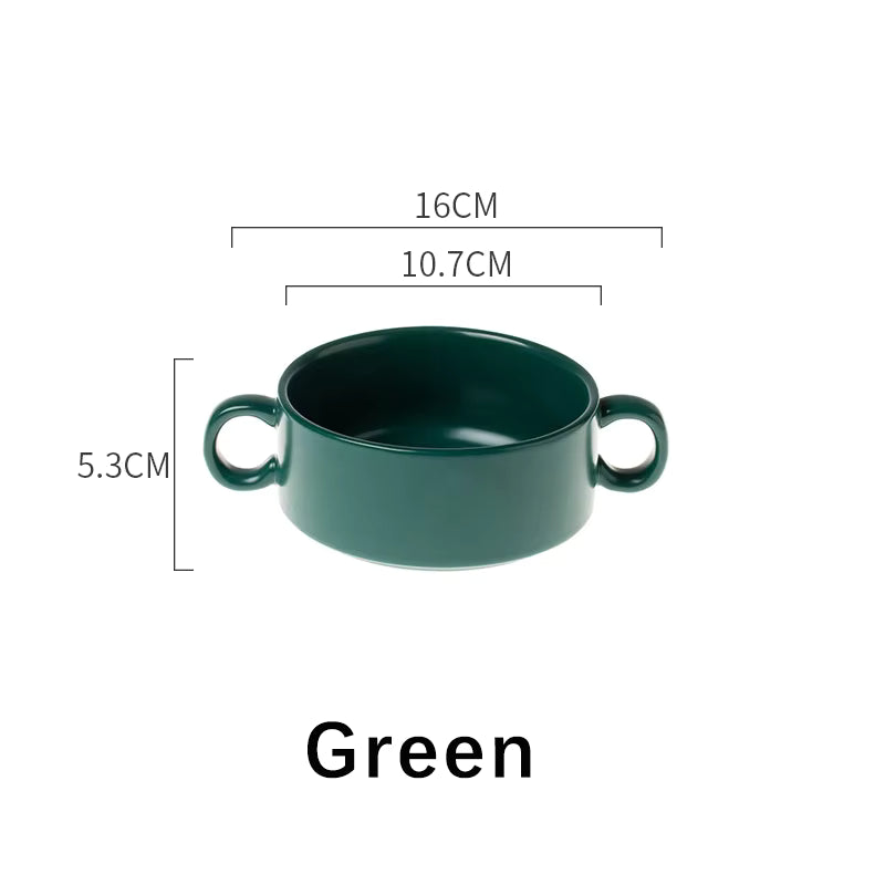 🍲 Dual Handle Porcelain Bowl – 300ml | White, Light Blue, Green