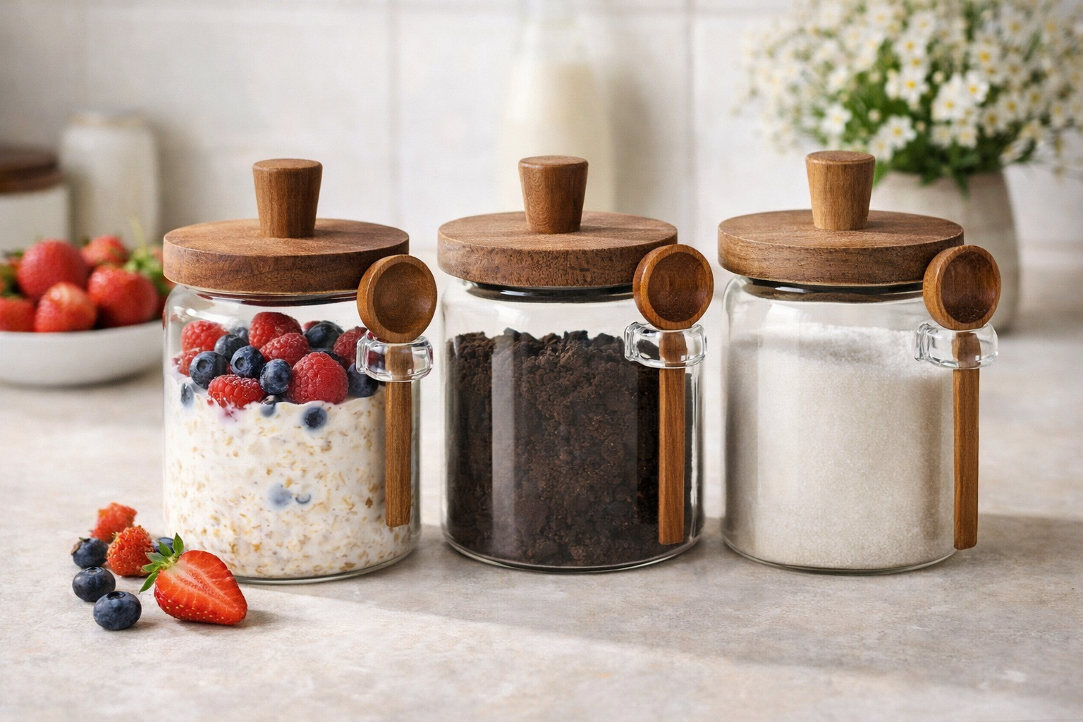Premium Glass Storage Jar with Wooden Spoon & Lid