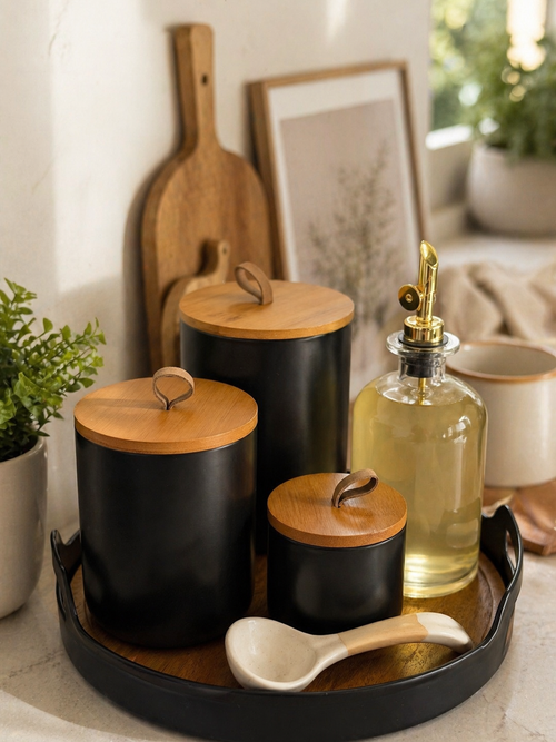 Acacia Lid Ceramic Canister Set (Set of 3)