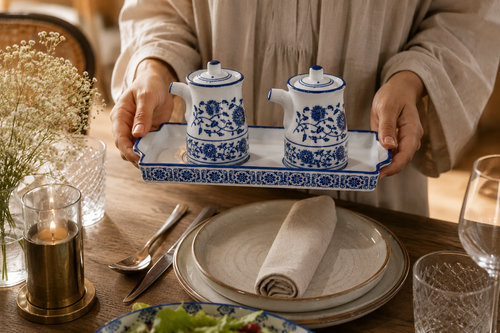 Azure Bloom Oil & Vinegar Pourer Set with Tray