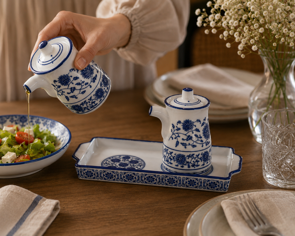 Azure Bloom Oil & Vinegar Pourer Set with Tray