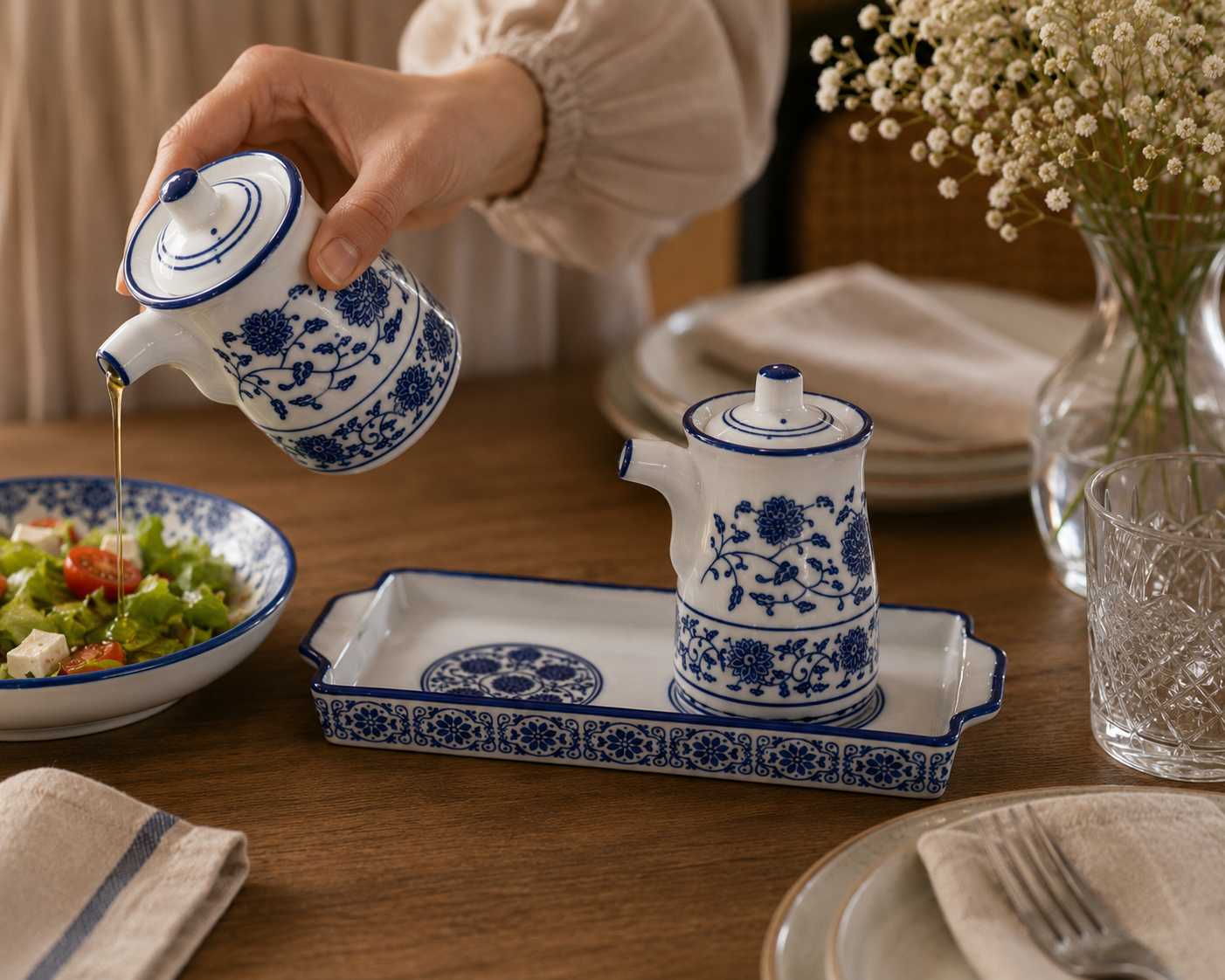 Azure Bloom Oil & Vinegar Pourer Set with Tray