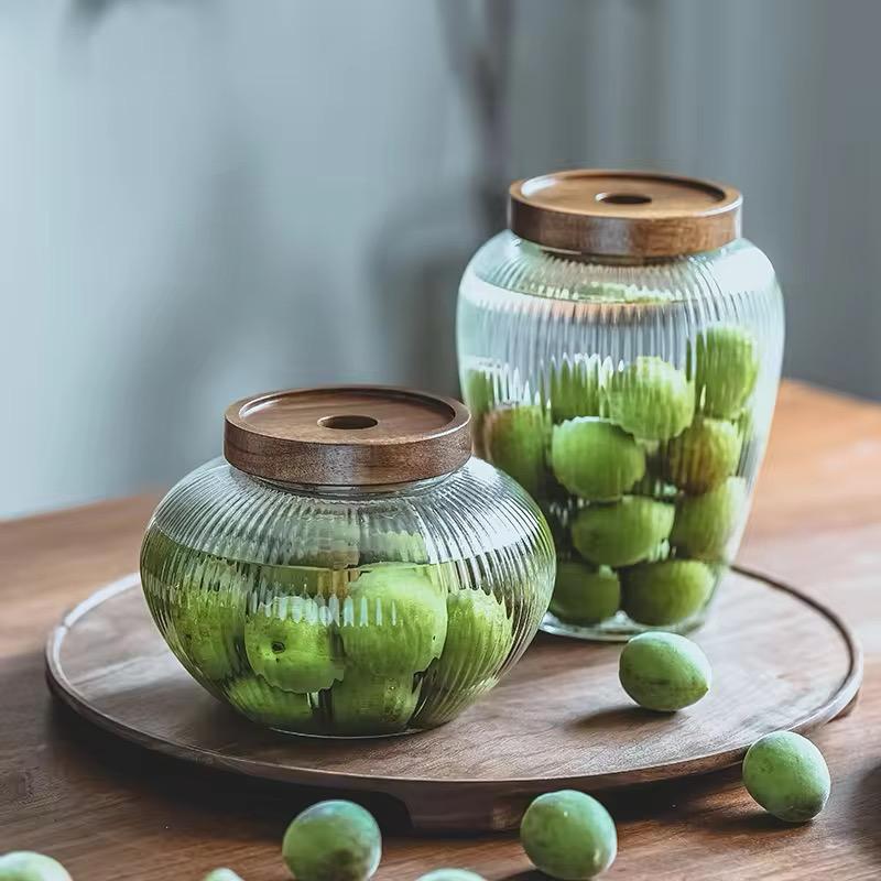 Premium High Borosilicate Glass Storage Jars- Striped Pattern and Wooden Lid
