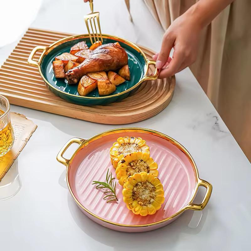 Golden Halo Ceramic Round Serving Tray