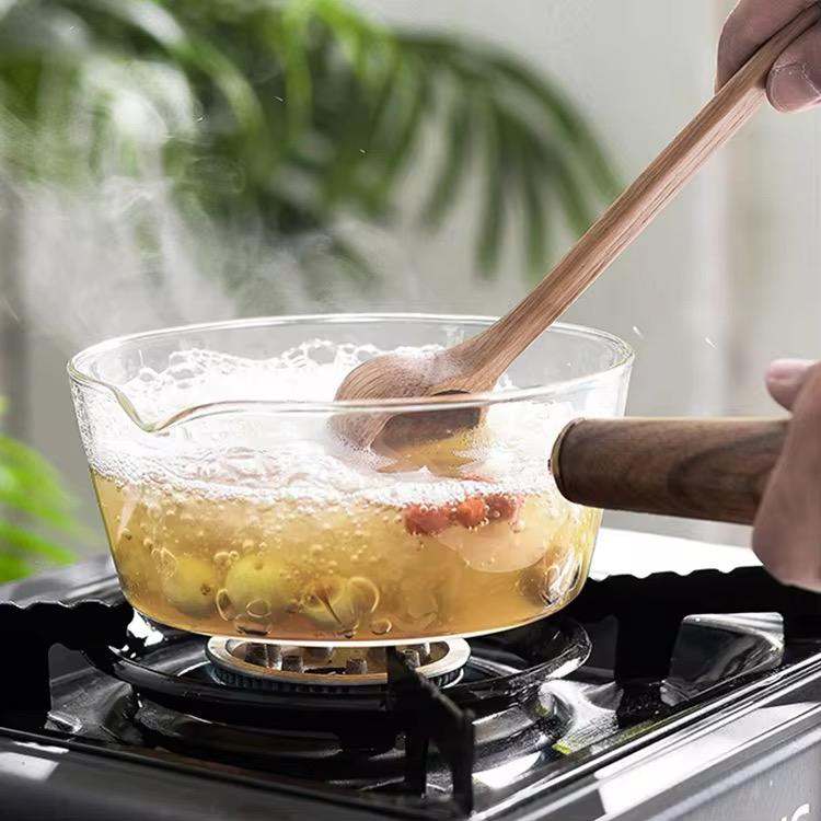 Stove-Safe Glass Milk Pan with Eco-Wood Handle