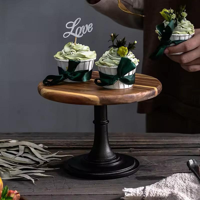 Minimalist Wooden Cake Stand- Modern Black Base