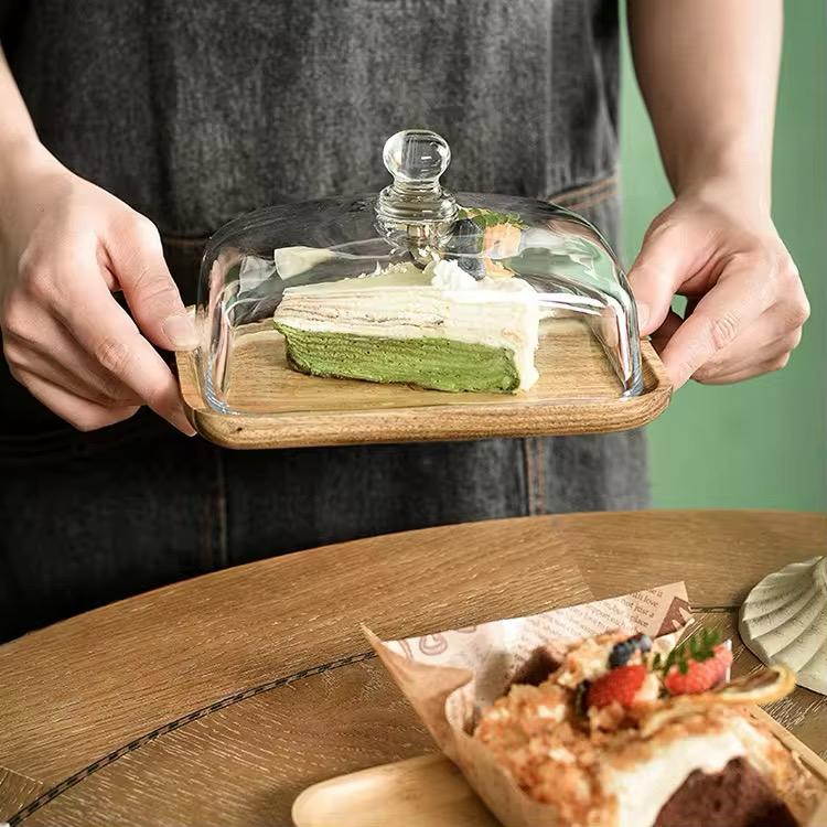 Petite Dessert Display Cloche-Glass Dome with Wooden Tray