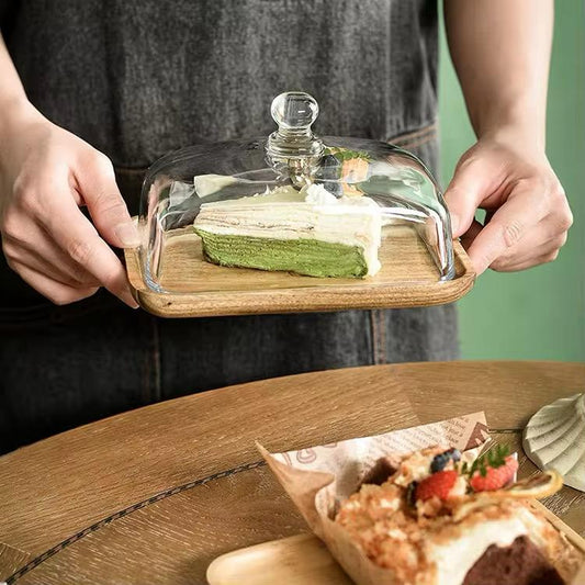 Petite Dessert Display Cloche-Glass Dome with Wooden Tray