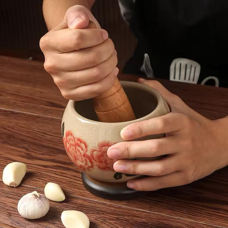 Rustic Charm Ceramic Mortar & Pestle – Crackle Finish & Floral Motif
