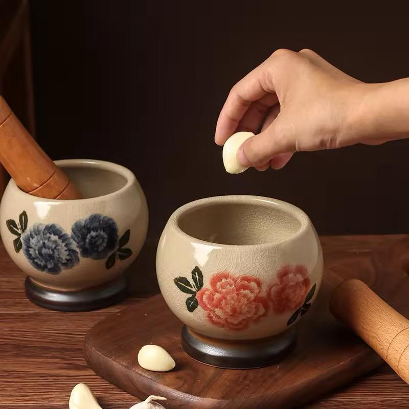 Rustic Charm Ceramic Mortar & Pestle – Crackle Finish & Floral Motif