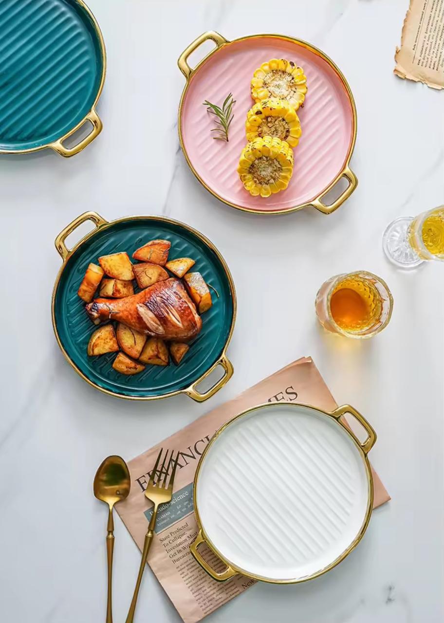Golden Halo Ceramic Round Serving Tray