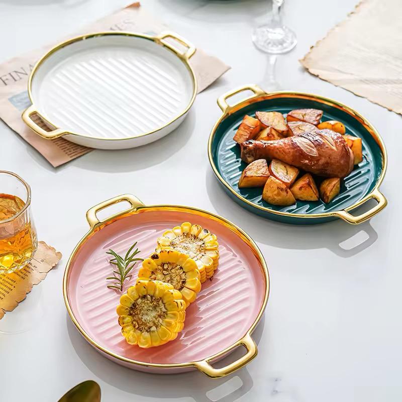 Golden Halo Ceramic Round Serving Tray