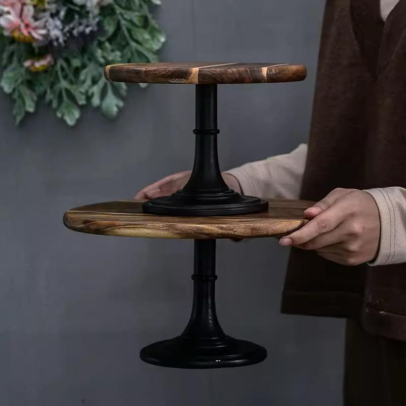 Minimalist Wooden Cake Stand- Modern Black Base