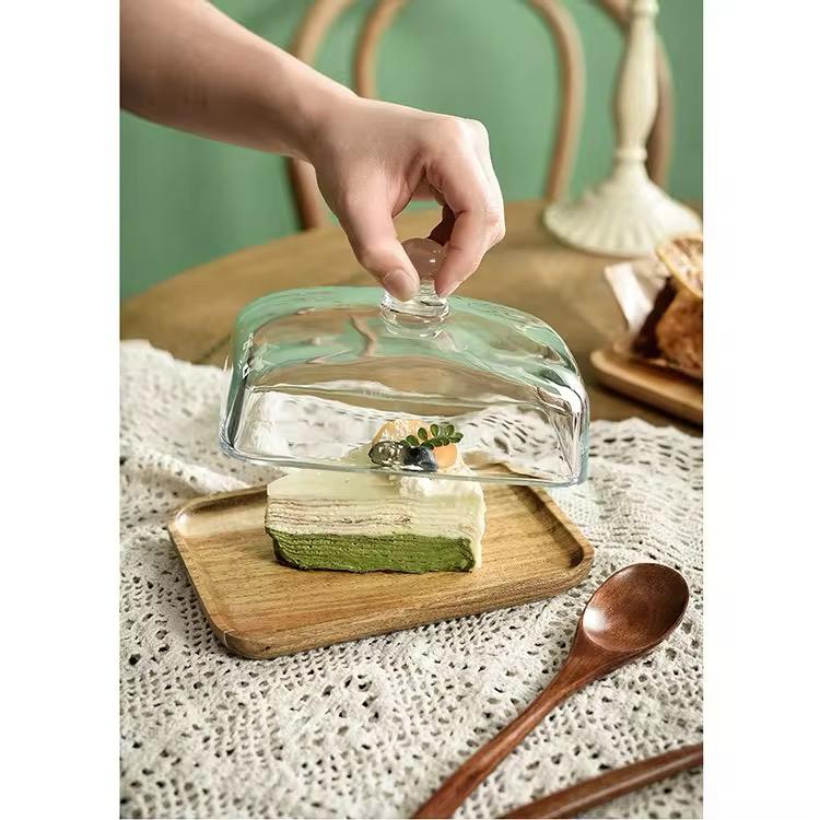 Petite Dessert Display Cloche-Glass Dome with Wooden Tray